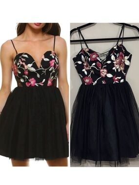 Social Code Floral Black Dress with Mesh Party Dress Size 7 Cocktail,Romantic